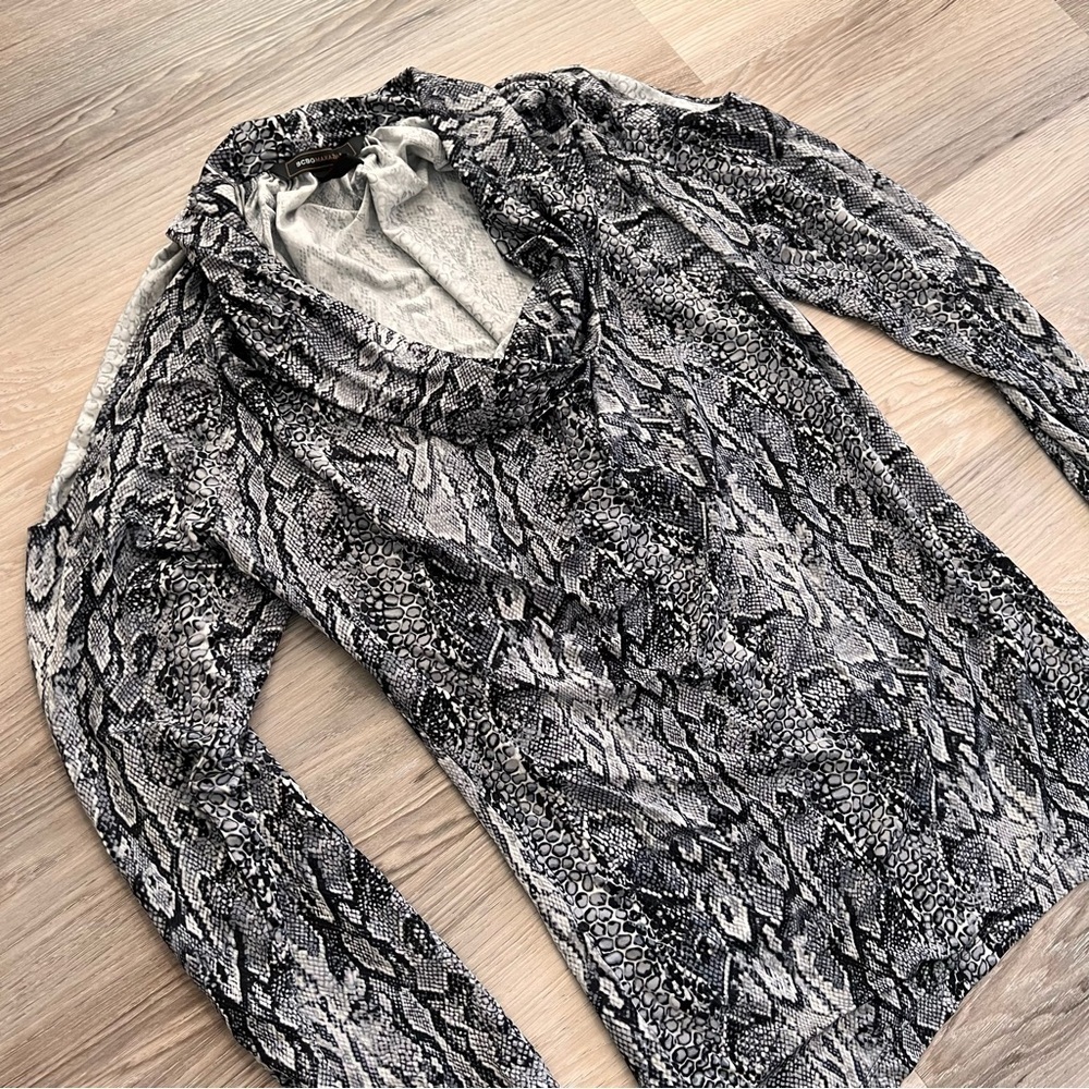 BCBG Snakeskin Print Cowl Neck Cold Shoulder Blouse